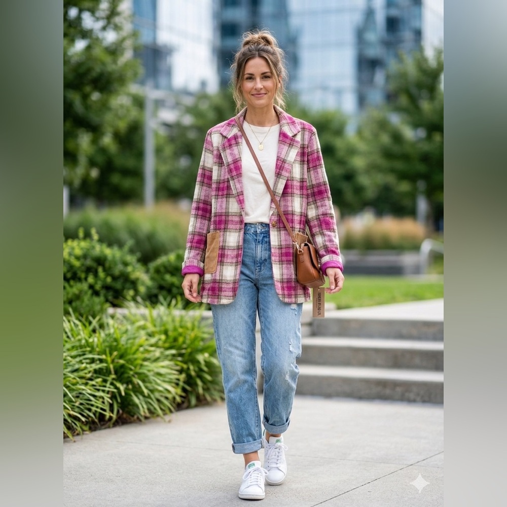 POL Clothing Pink MULTI PLAID Shacket Corduroy OVERSIZED Fit Nwot Size Small